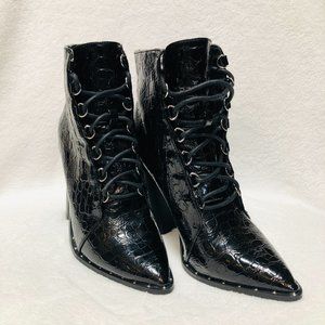 Black Faux Crocodile Skin Booties With Heel